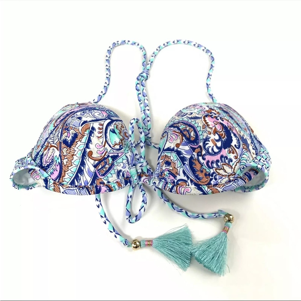 Victorias Secret Bikini Top 32B Fabulous Padded Blue White Floral Tassel #055